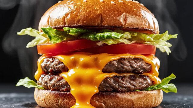 Juicy double cheeseburger with two beef patties and melted cheese served with fresh lettuce and tomato at a local diner