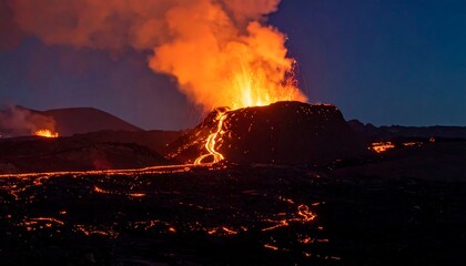Volcanic cone erupting powerfully with bright lava fountain against dark night sky