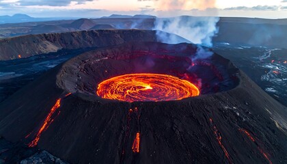 Circular volcanic caldera glowing intensely with bright lava pool at twilight