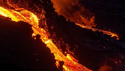Fiery molten lava cascade descending steep volcanic slope under deep night sky