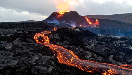 Low angle perspective of advancing lava flow across barren volcanic ground