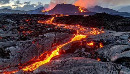 Bright lava river carving dramatic path through hardened black volcanic rock terrain