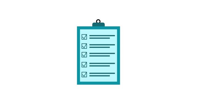 Animated checklist appears on a clipboard, lines and checkboxes fill in one by one, symbolizing tasks being completed and progress being made on a white background