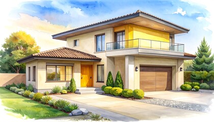 Fototapeta premium Watercolor architectural drawing of contemporary suburban residence with manicured front yard