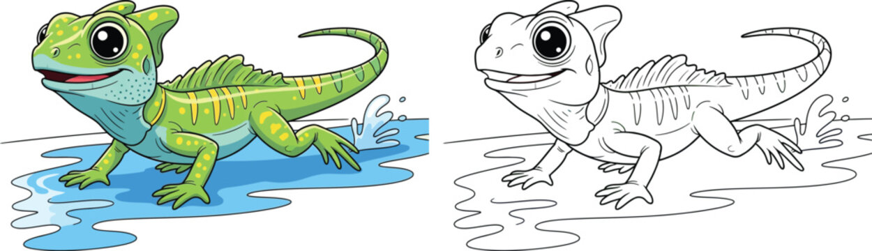 Energetic Cartoon Basilisk Lizard Running on Water Coloring Page