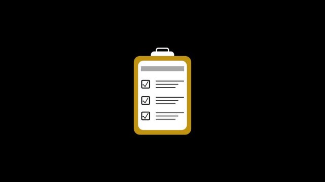 Checklist animation showing completion of tasks on yellow clipboard with white paper on black background representing business organization productivity management and workflow efficiency