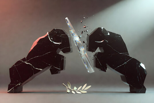 Two black marble rams clashing and shattering a glass barrier over a golden olive branch, representing geopolitical conflicts and fragile diplomacy, global strategy.