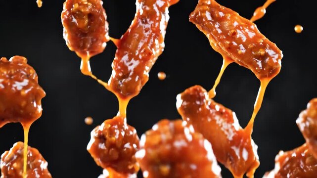 Buffalo chicken wings tossed in spicy sauce spin in mid air against a black background during a cooking demonstration