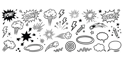 A collection of hand-drawn comic book elements including sound effects, explosions, and action lines © Victor creative 