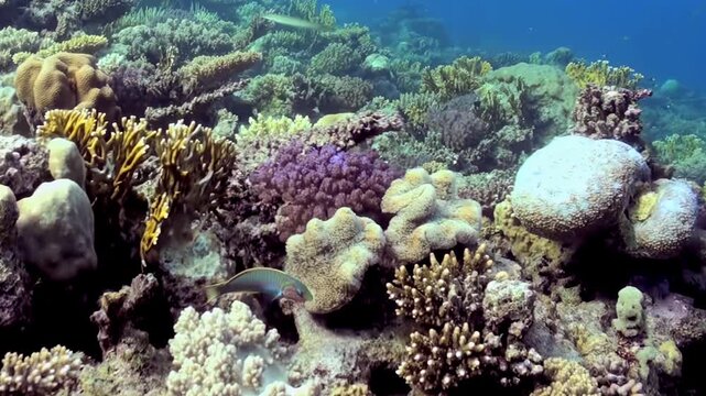 A mesmerizing journey through sun-kissed, shallow ocean waters reveals an untouched coral paradise. Witness the intricate formations of a thriving reef and the gentle movements of small, darting fish.