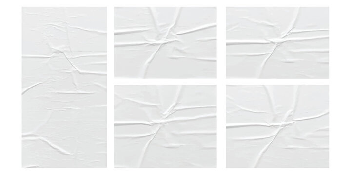 A collection of six wrinkled white paper textures with creases and folds on a white background