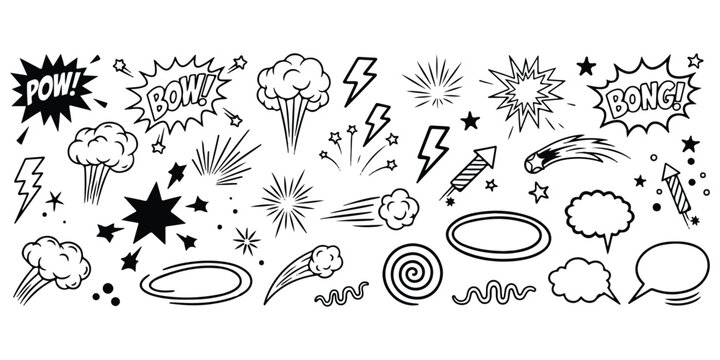 A collection of hand-drawn comic book elements including sound effects, explosions, and action lines