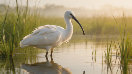 Obraz premium White egret bird wading in golden sunset wetlands with reflections and tall grass