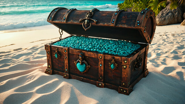 Verzierte Holztruhe voller t&uuml;rkisfarbener Edelsteine am tropischen Strand