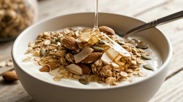 Close up of granola yogurt and honey pouring into ceramic bowl