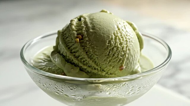 Close up of green ice cream scoop with vapor in glass bowl on white background