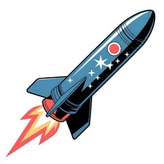blue rocket ship with stars and flames