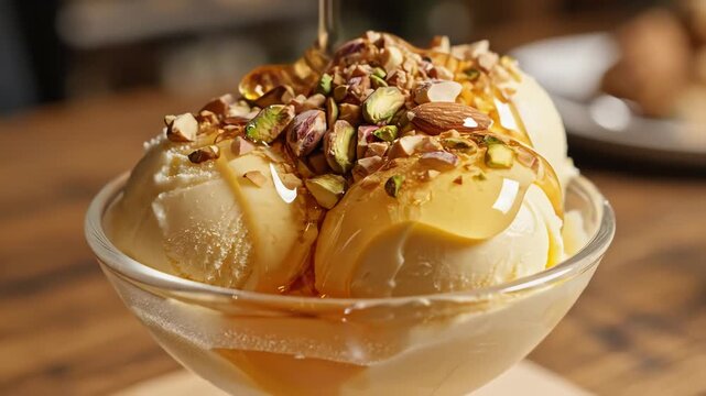 Close up of vanilla ice cream with nuts and syrup in a glass bowl