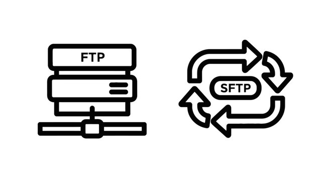 FTP and SFTP Icons: File Transfer Protocol for Secure Data Exchange and Network Communication Symbols