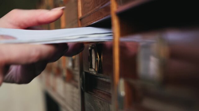 A postman places letters in mailboxes in the entrance of a dilapidated apartment building.