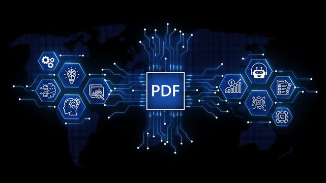 animation Fintech Regulation Concept: pdf Logo and Data Analytics Icons over Blue World Map animation on the black background.4k video.