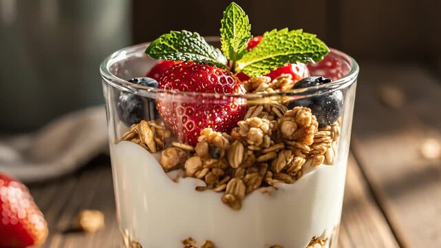 Healthy yogurt parfait with berries and granola in a glass