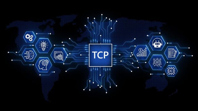 animation Fintech Regulation Concept: TCP Logo and Data Analytics Icons over Blue World Map animation on the black background.4k video.