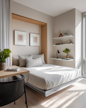modern minimalist studio apartment interior with functional murphy bed and workspace