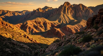 Naklejka premium Golden sunset over rugged desert mountain landscape with cacti