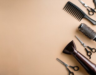 Naklejka premium hair brushes scissors hair dryer and curling wands tools for hairdresser on pastel beige colored background arranged on the right side copy space for text flat lay