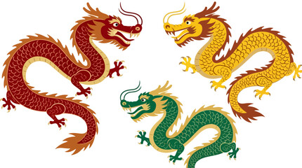 Set of 3 Chinese Dragons Vector Illustration