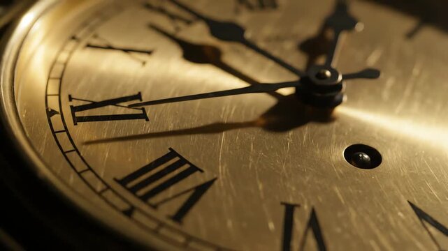 A captivating moon shadow moving through an antique golden clock face, symbolizing the timeless nature of the passage of time concept.