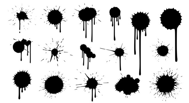 Ink splatters and drips hand drawn set with grunge textures and chaotic spray effects featuring paint splash, messy,