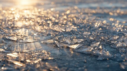 Fototapeta premium Golden sunlit ice crystals and bokeh
