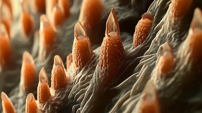 Highly magnified close-up view of human tongue surface showing detailed papillae and texture in a 3D rendered image for medical or scientific use.