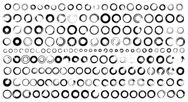 Circles grunge brush stroke set with varied sizes and textures in black featuring textured, hand drawn, rough with