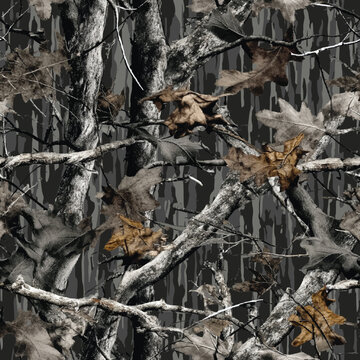 Real tree forest hunting camouflage seamless pattern design with barks and leaves. Camouflage repeat pattern
