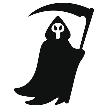 Dark Navy Blue Vector Silhouette Of Hooded Grim Reaper Holding Large Sickle Scythe. Minimalist Horror Design For Halloween Poster, Banner, T-Shirt. Scary Symbol Of Death And Undertaker
