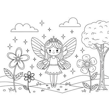Whimsical fairy standing among flowers and trees in a magical fantasy landscape scene.