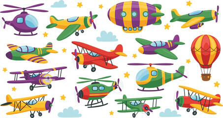 Colorful Cartoon Airplanes Helicopter and Hot Air Balloon Set Cute Flying Transport Vector Illustration Collection © Sumon Creative