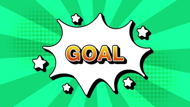 Goal text word lettering popup comic cartoon reveal with bomb and smoke explosion manga anime book page dots with radial speed lines doodle teal turquoise background with seamless loop animation retro