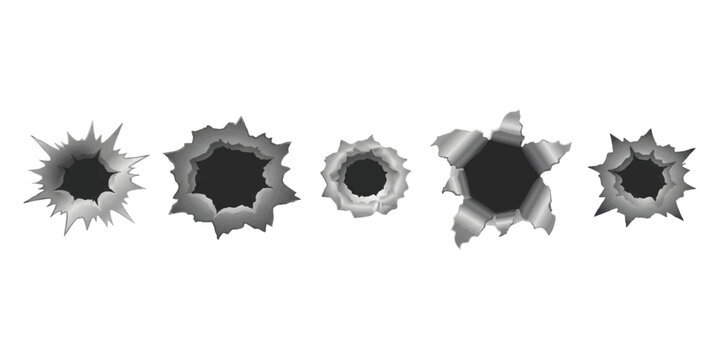 Set of realistic torn metal bullet holes and ripped paper damage elements graphic vector illustration