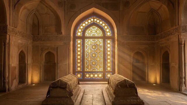 Grand Islamic mosque interior with golden sunlight through arched window illuminating ancient stone tombs in majestic sacred hall showcasing spiritual heritage and architectural beauty