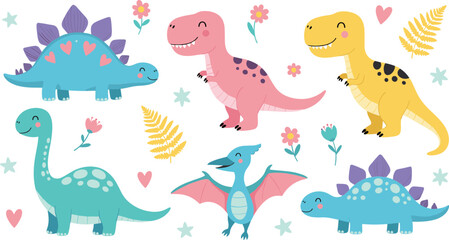 Cute Cartoon Dinosaur Characters Set with Flowers Hearts and Leaves Colorful Nursery Vector Illustration © Sumon Creative