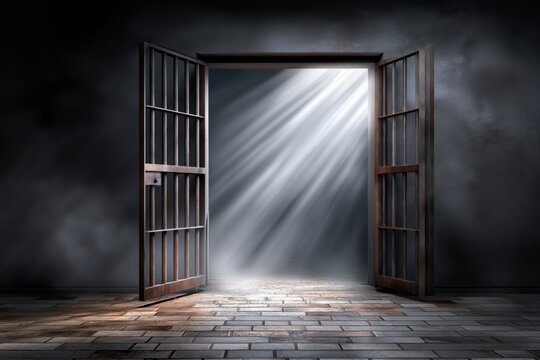 Symbolic photo of an open prison cell door with light spilling inside, concept of release and transition