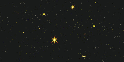 Night sky background with golden shining stars and glowing cosmic elements on a dark black space vector illustration © ZenVectors