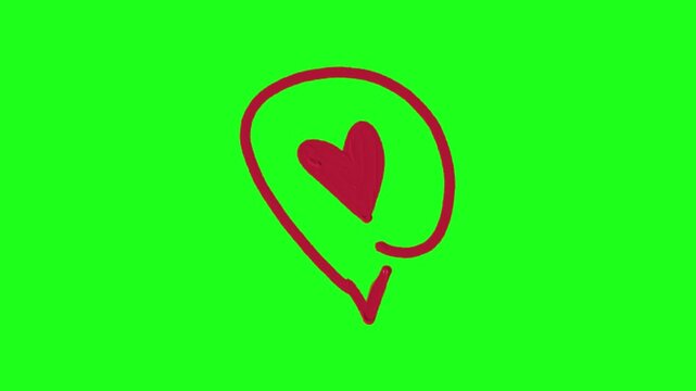 Location marker with a red heart drawn inside, set against a bright green background with black bars at the top and bottom.
