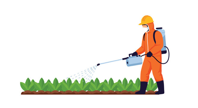A person wearing an orange protective hazmat suit and helmet is spraying a dense row of green plants with a backpack sprayer on a plain white background.