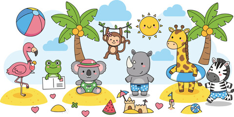 Cute Cartoon Summer Beach Animals Collection with Giraffe Zebra Rhino Koala Monkey and Tropical Elements Vector Illustration © Sumon Creative