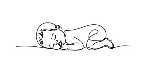 A minimalist black and white line drawing depicting a newborn baby sleeping peacefully on its side Vector, illustration